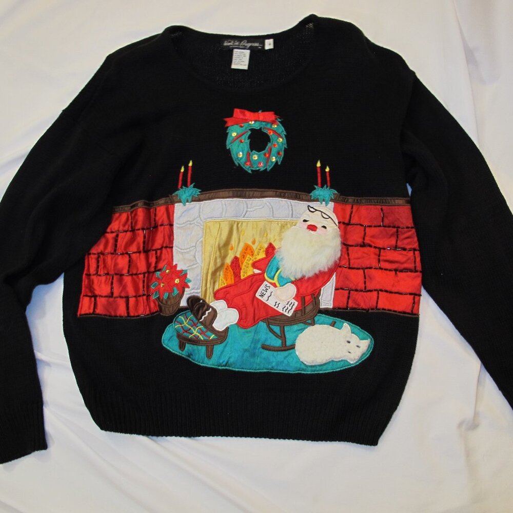 Gladys Bagley Christmas sweater -  Santa snoozing by the fire  M